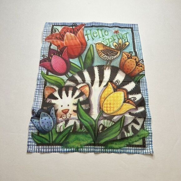 Hummingbird Haven Hello Spring Kitty Cat Decorative Flag 11” X 15” Made In USA - Picture 1 of 6